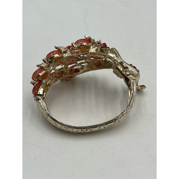Red Cabachon Beaded Rhinestone Gold Tone Peacock Bangle Bracelet - Picture 10 of 11